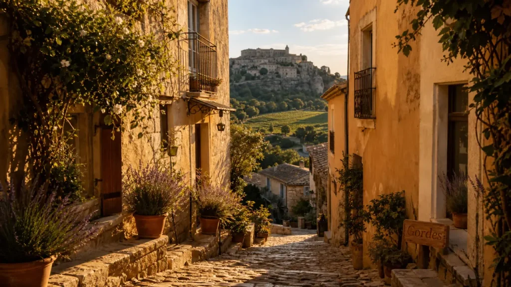 Best Luberon villages to visit : ruelle ocre à Gordes, coucher du soleil