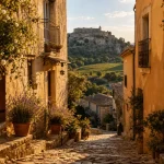 Best Luberon villages to visit : ruelle ocre à Gordes, coucher du soleil