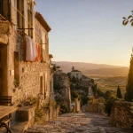 Best villages in luberon : vue de Gordes, ruelle en pierre et vallée au coucher du soleil