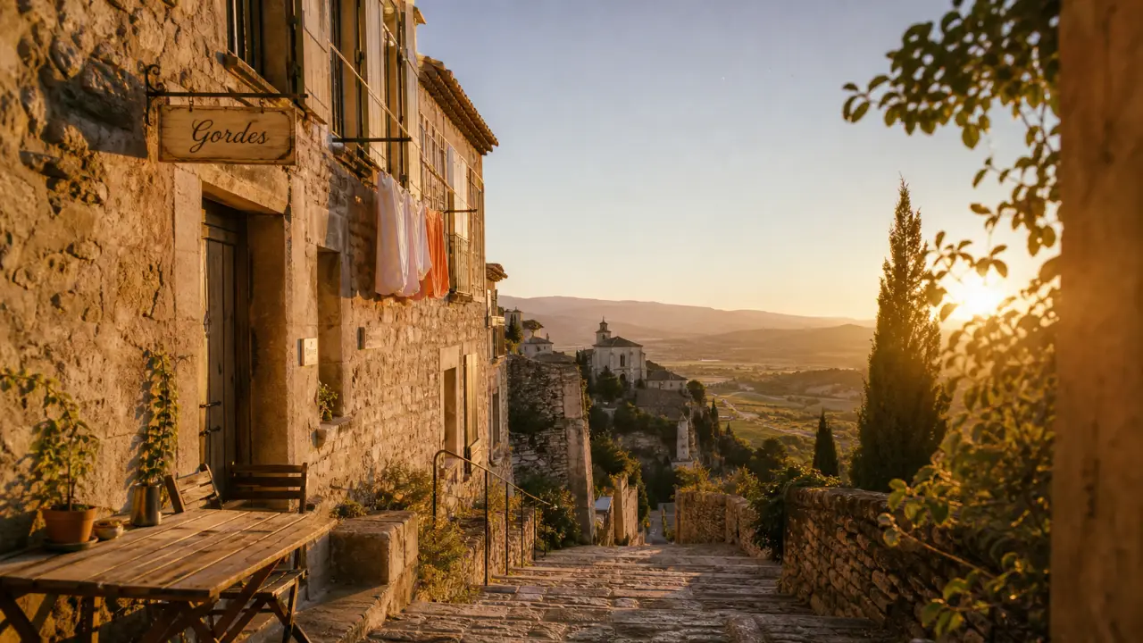 Best villages in luberon : vue de Gordes, ruelle en pierre et vallée au coucher du soleil