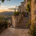 Bonnieux village : ruelle pavée et belvédère sur le Petit Luberon