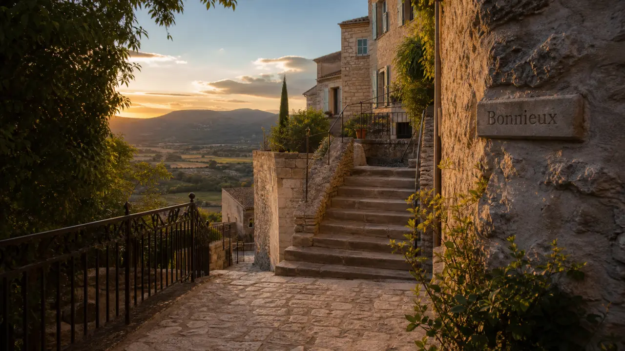 Bonnieux village : ruelle pavée et belvédère sur le Petit Luberon