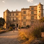 Chateau de Lourmarin au coucher du soleil, façade Renaissance, parc et visiteurs