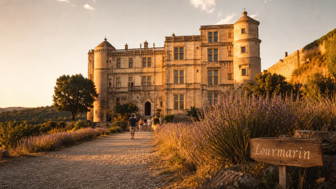 Chateau de Lourmarin au coucher du soleil, façade Renaissance, parc et visiteurs