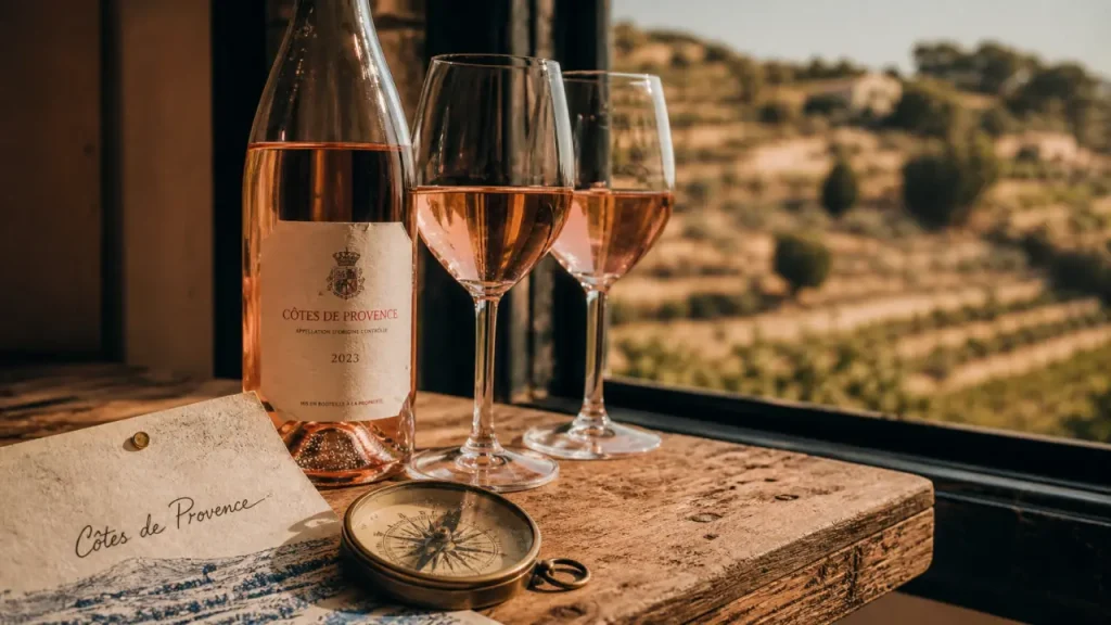 Rosé AOC Côtes de Provence, aoc de provence, sur table provençale près de vignes