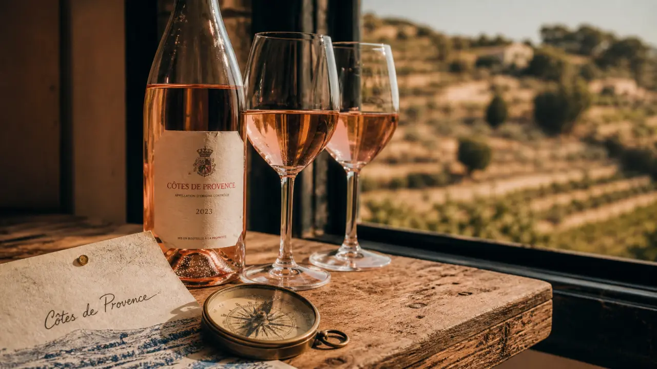 Rosé AOC Côtes de Provence, aoc de provence, sur table provençale près de vignes