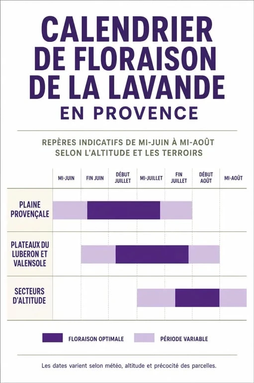 Période floraison lavande en Provence, calendrier visuel par mois et par région