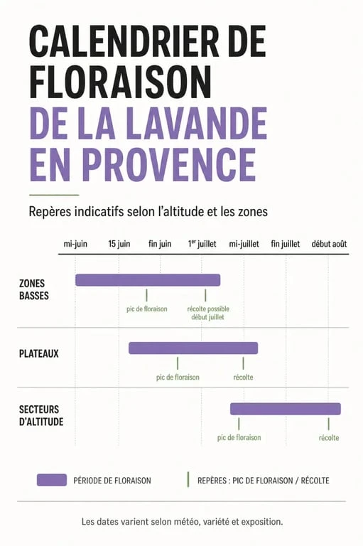 Période floraison lavande en Provence, calendrier visuel par mois et par région