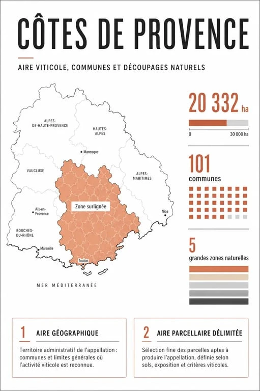 AOC de Provence : carte éditoriale des Côtes de Provence, 20 332 ha et 101 communes