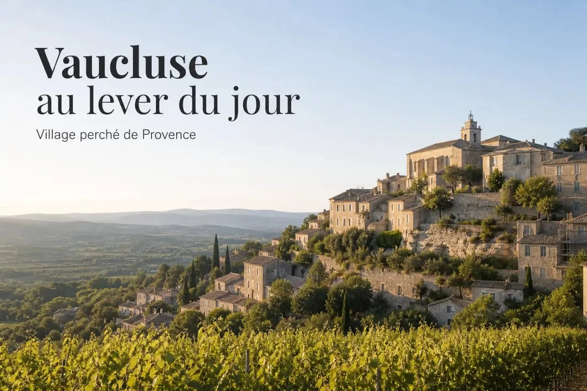 Village du Vaucluse perché sur une colline avec maisons de pierre et vue panoramique