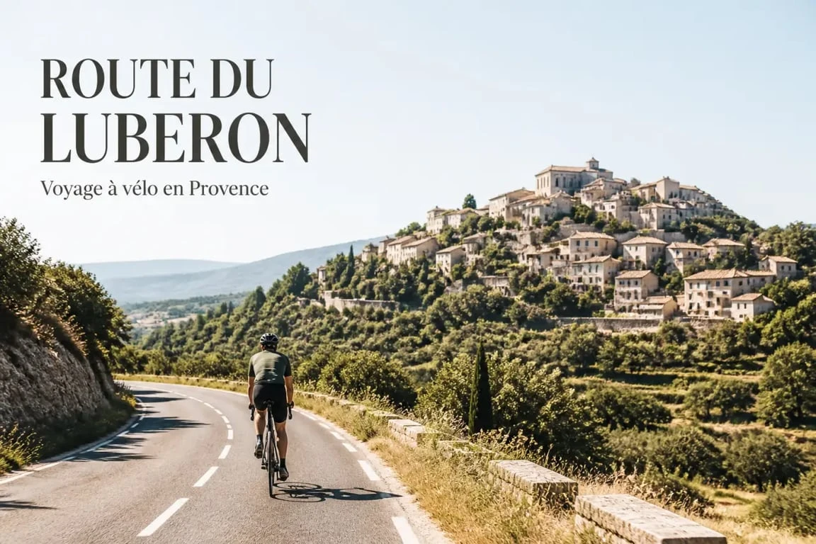 Luberon à vélo sur une route provençale avec village perché en arrière-plan