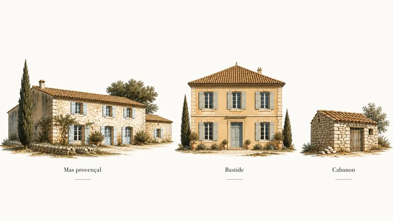 Architecture provençale : mas provençal, bastide et cabanon dans un paysage de Provence