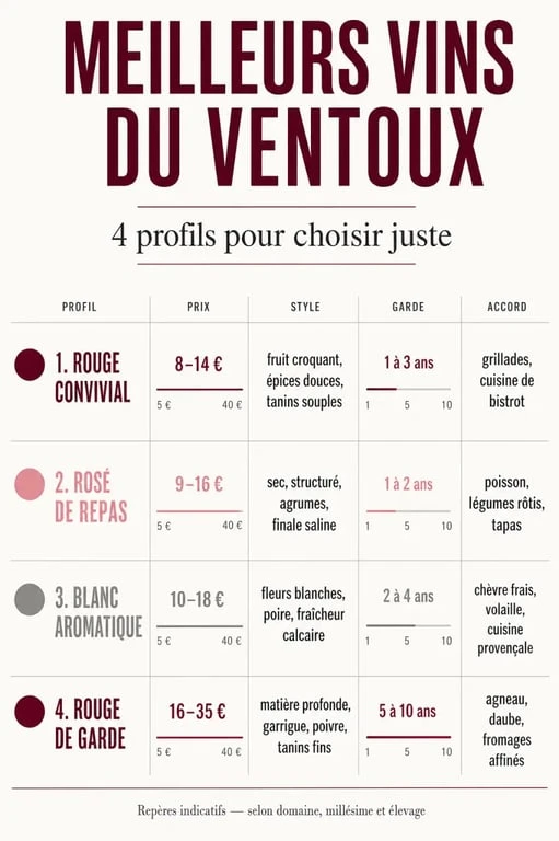 Infographie des meilleurs vins du Ventoux avec styles, budgets et potentiel de garde