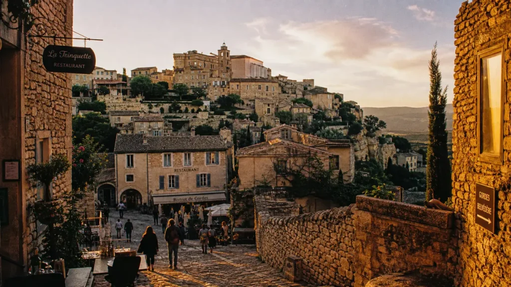 Gordes, plus beaux villages du monde : vue au coucher du soleil sur pierres blondes et ruelles