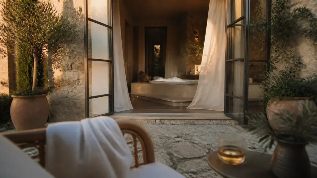 Terrasse provençale de la Bastide du Rocher boutique hôtel & spa à Roquebrune-sur-Argens avec bain à remous