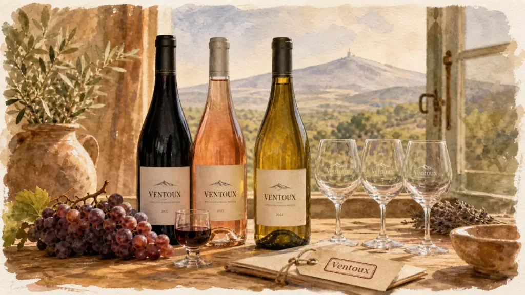 Les meilleurs vins du ventoux : rouge, rosé et blanc sur table