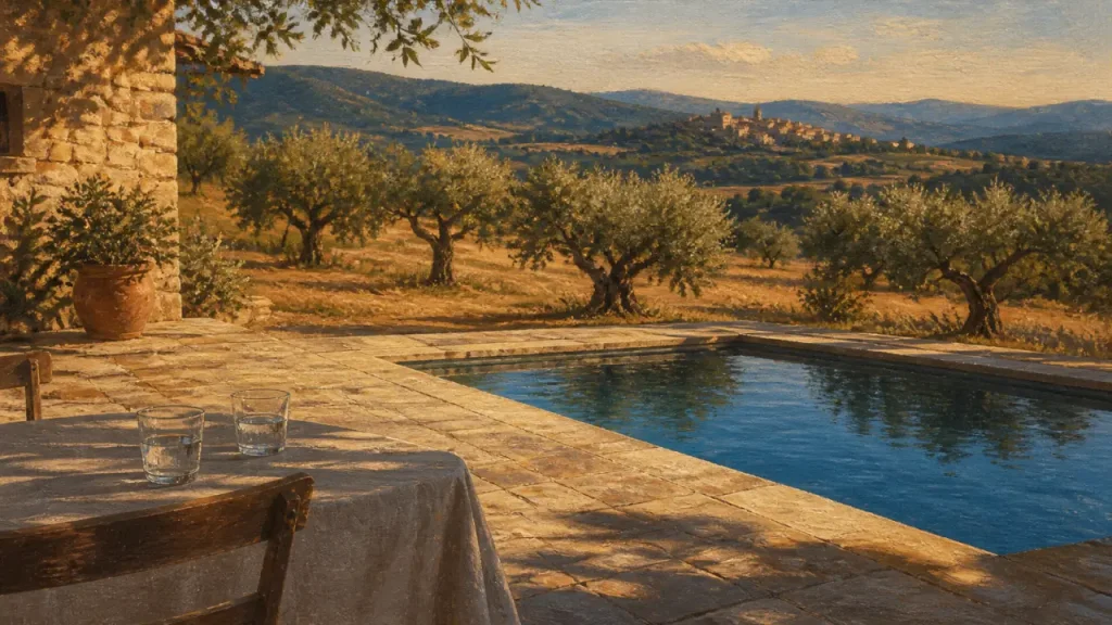 Location avec piscine dans le Luberon : piscine privée chauffée ou sécurisée, vue depuis une terrasse