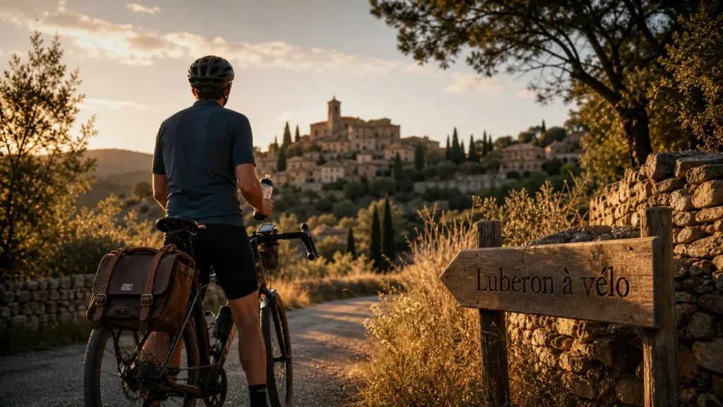 Luberon à vélo : cycliste sur route provençale vers un village perché