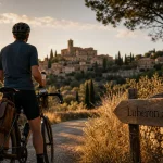 Luberon à vélo : cycliste sur route provençale vers un village perché