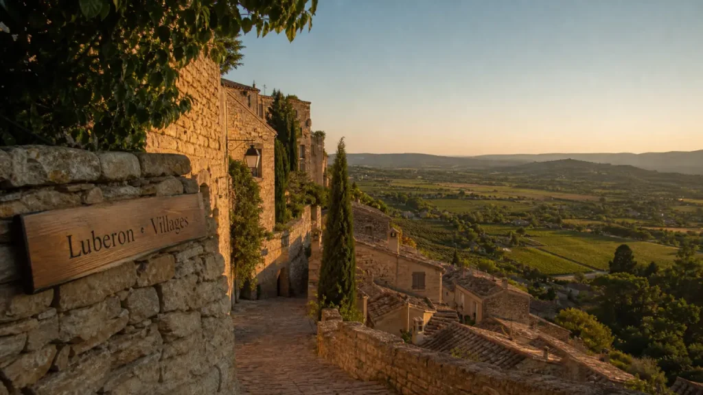 Luberon villages : vue des maisons en pierre de Gordes, ruelles et vignes