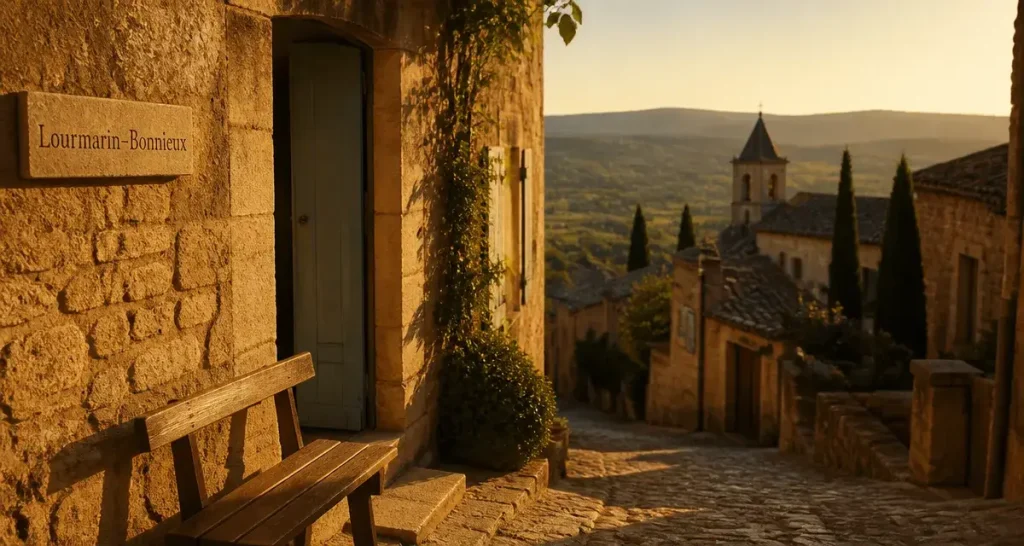Luberon villages half day tour from aix en provence : ruelle de Lourmarin vers Bonnieux, pierre ocre et clocher au golden hour