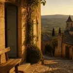 Luberon villages half day tour from aix en provence : ruelle de Lourmarin vers Bonnieux, pierre ocre et clocher au golden hour