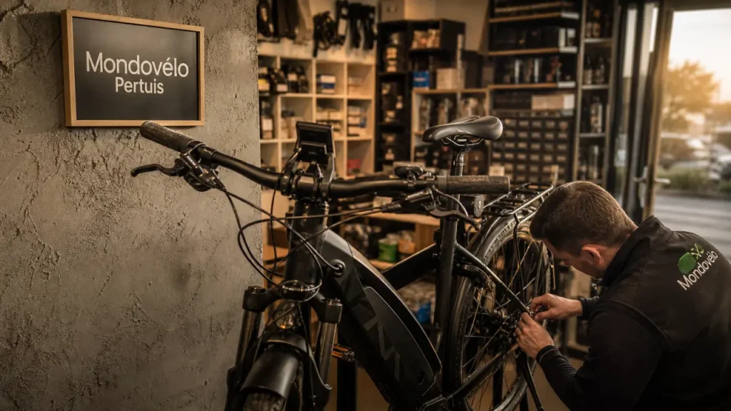 Mondovélo Pertuis by vélo luberon : vélo électrique noir en réparation