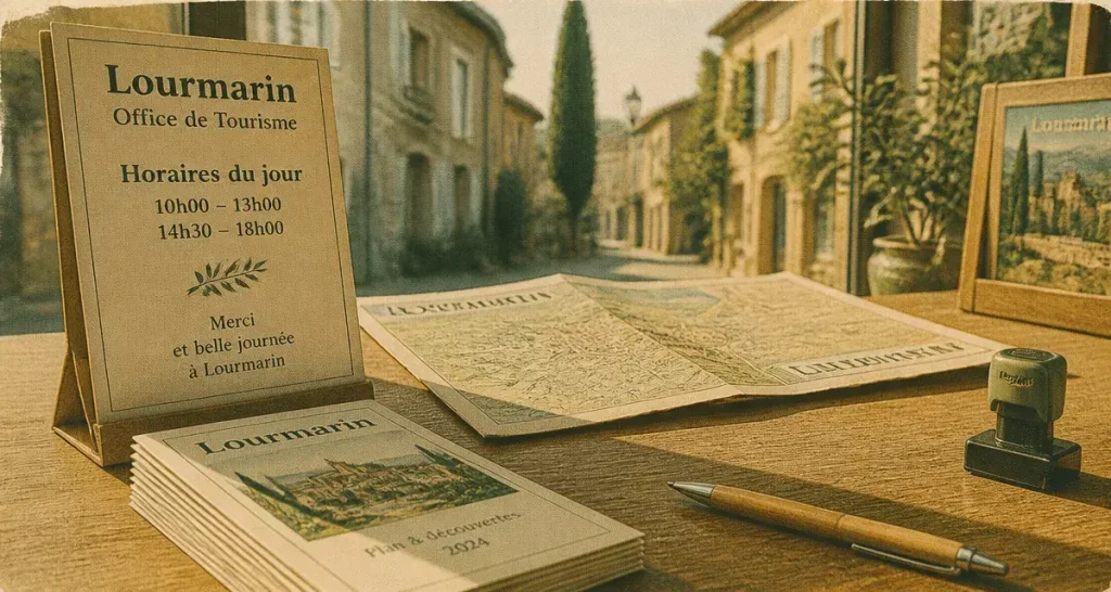 Office du tourisme lourmarin luberon : horaires du jour sur un comptoir