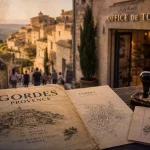 Office tourisme gordes luberon : affiche et plan au comptoir à Gordes