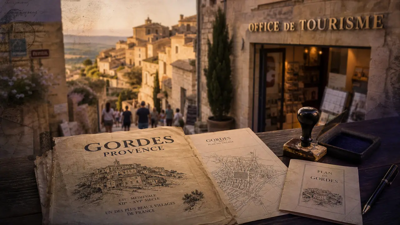 Office tourisme gordes luberon : affiche et plan au comptoir à Gordes