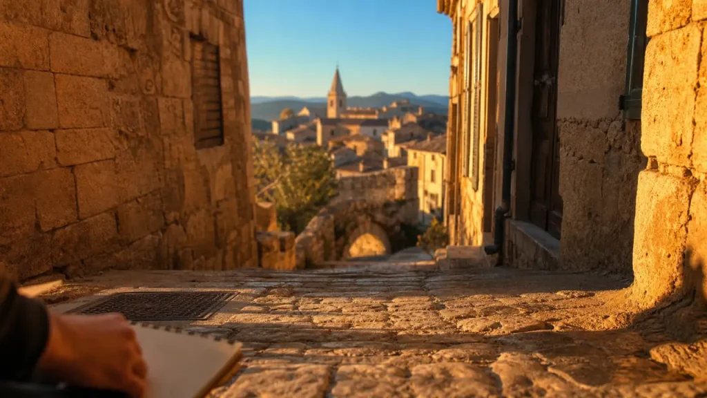 Pont à coquille de bonnieux au golden hour, ruelle et pierre calcaire