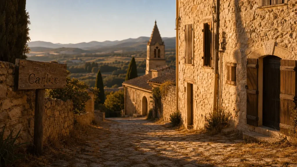 Que faire a Céreste en Luberon : ruelle pavée près du prieuré de Carluc et clocher, lumière dorée