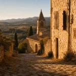 Que faire a Céreste en Luberon : ruelle pavée près du prieuré de Carluc et clocher, lumière dorée