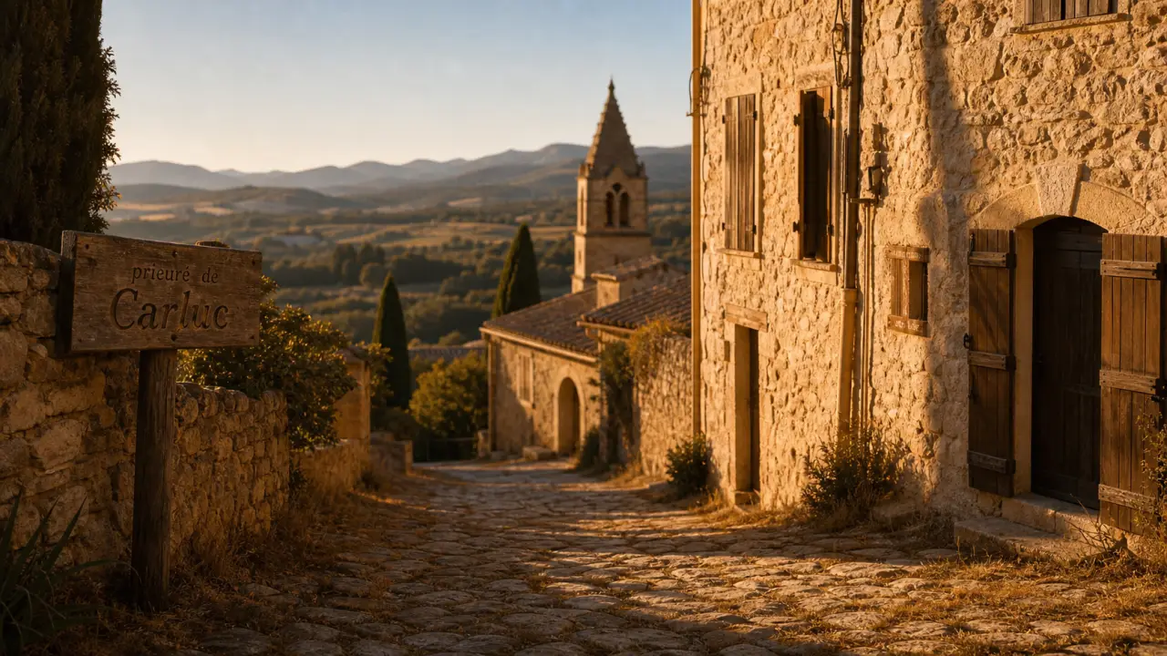 Que faire a Céreste en Luberon : ruelle pavée près du prieuré de Carluc et clocher, lumière dorée