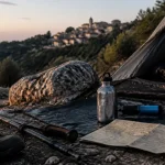 Randonnée bivouac luberon : tente au sol près de pierres calcaires
