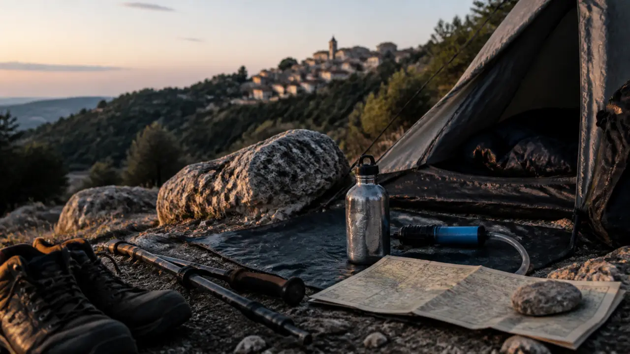Randonnée bivouac luberon : tente au sol près de pierres calcaires