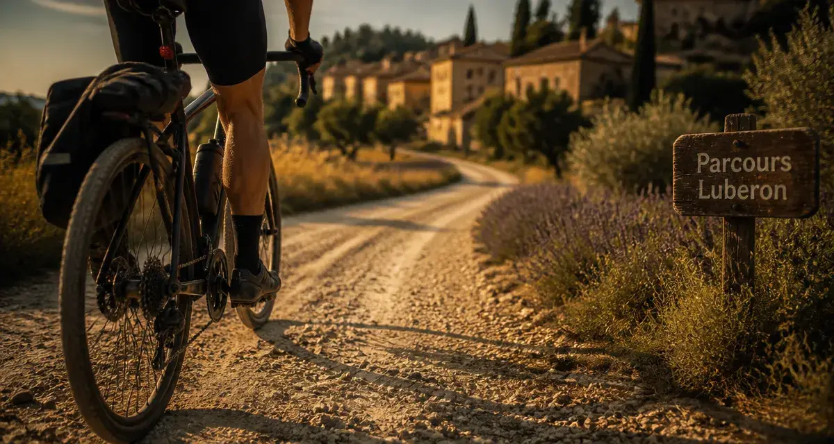 Randonnée vélo Luberon : vélo électrique, route ocre vers village perché