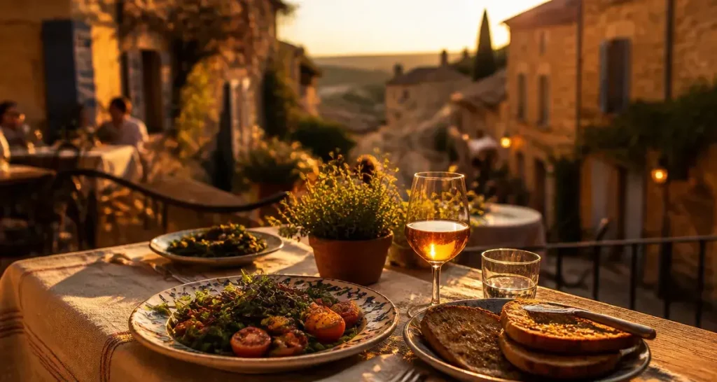 Restaurant lourmarin en terrasse, table provençale au golden hour