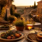 Restaurant lourmarin en terrasse, table provençale au golden hour