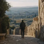 Visiter Lacoste Luberon : ruelle pavée vers le château, vues sur Bonnieux