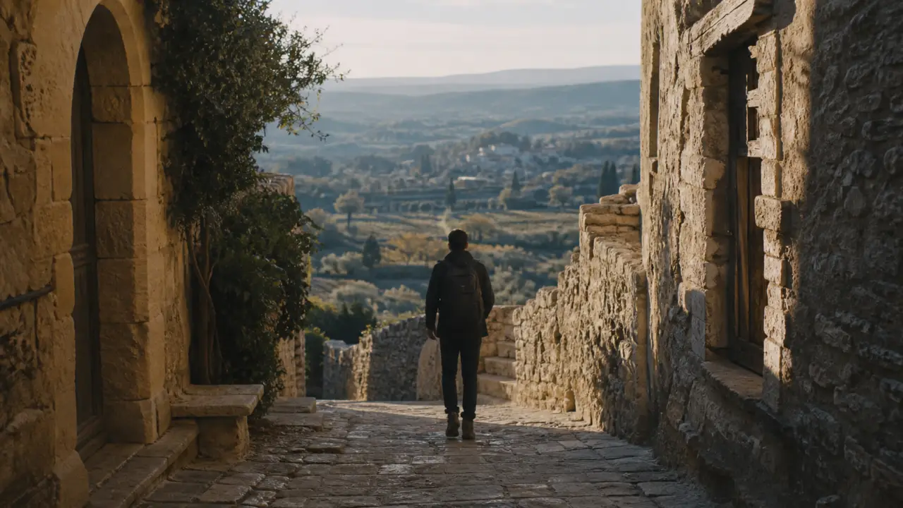 Visiter Lacoste Luberon : ruelle pavée vers le château, vues sur Bonnieux