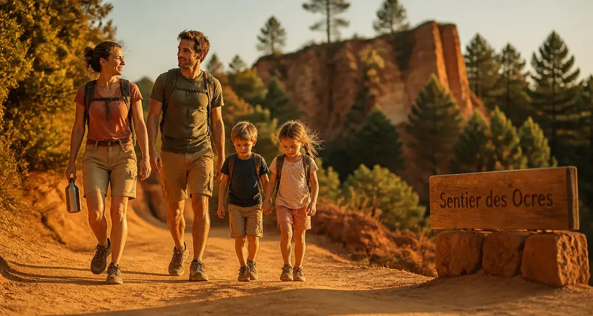 Visiter le Luberon en famille : sentier des Ocres à Roussillon, famille en randonnée