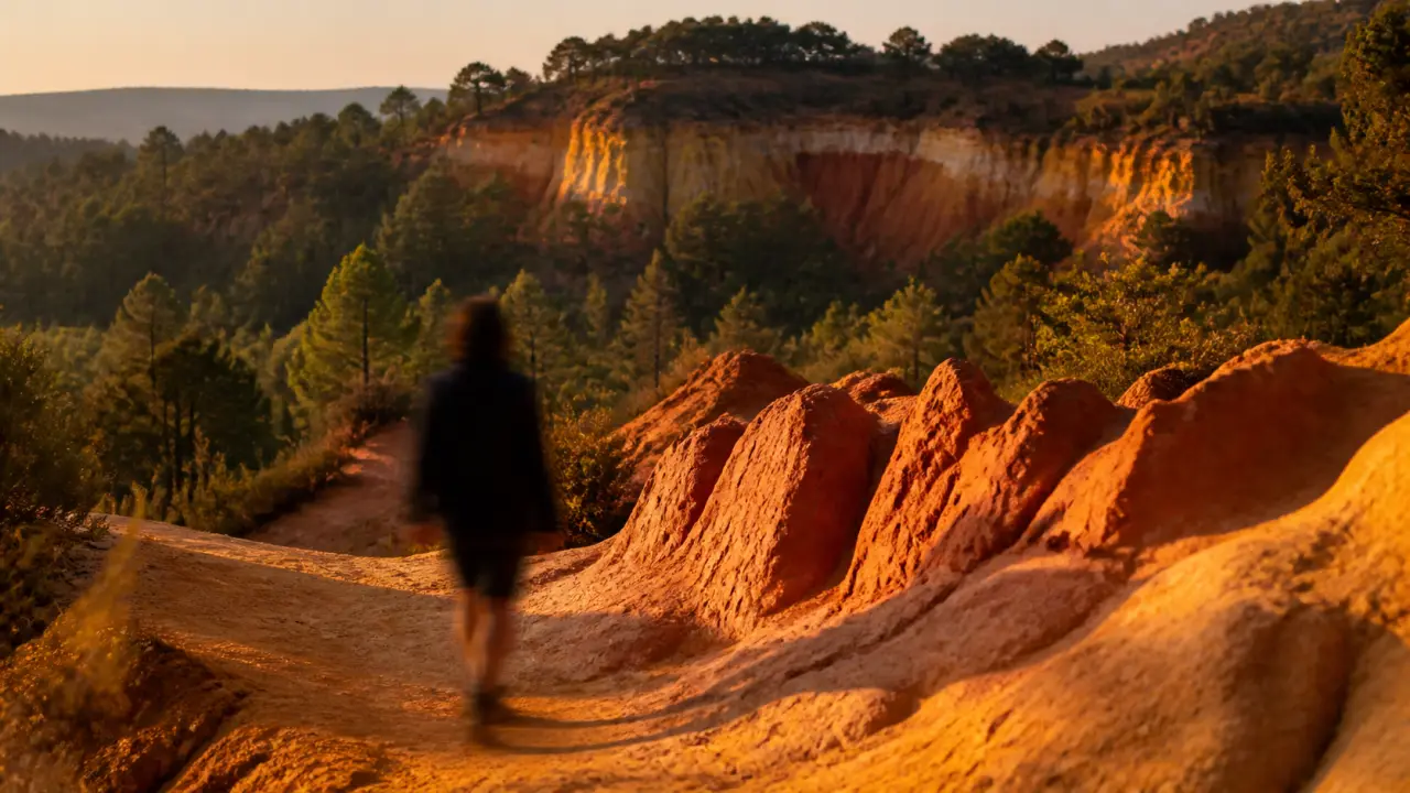 Visiter les ocres du luberon à Rustrel : ocres rouges et jaunes au coucher du soleil