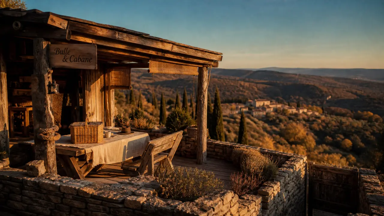 Week end insolite luberon : cabane en pierre et bois au coucher du soleil