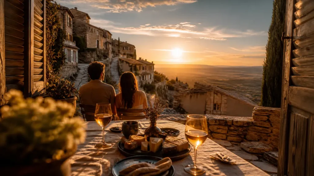 Week end romantique luberon : couple à Gordes, terrasse vue vallée