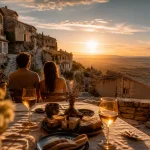Week end romantique luberon : couple à Gordes, terrasse vue vallée