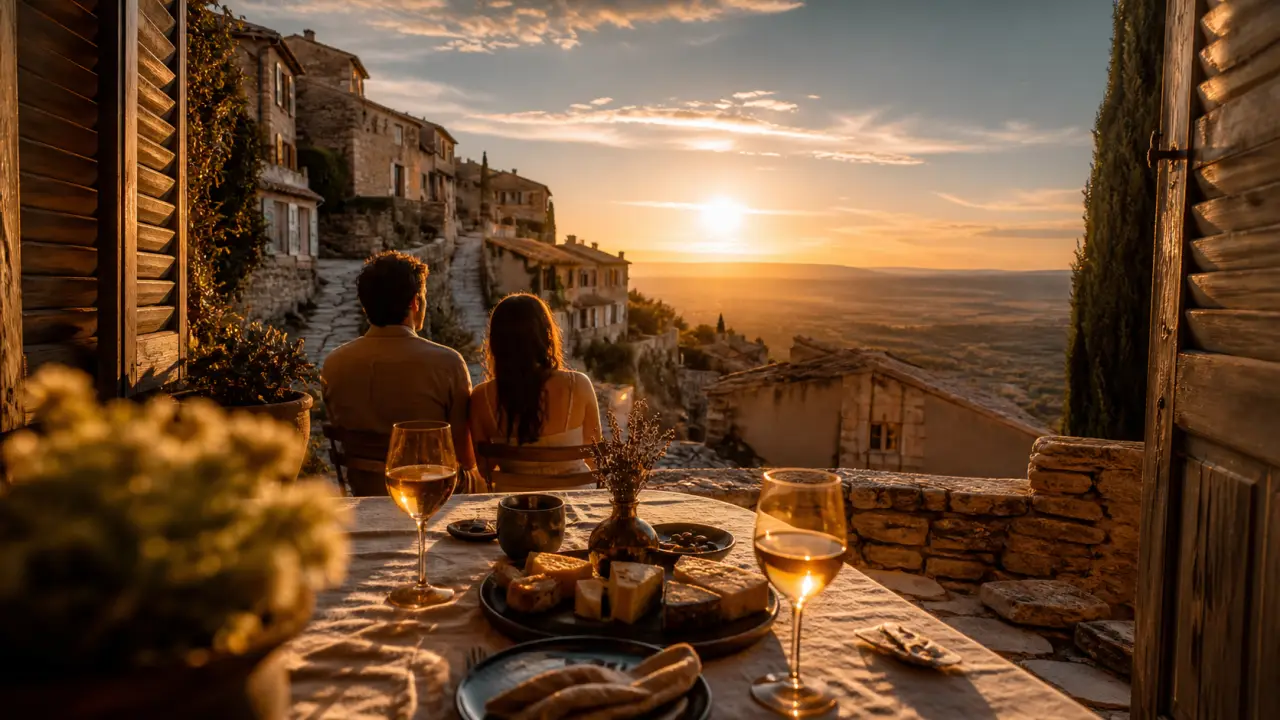 Week end romantique luberon : couple à Gordes, terrasse vue vallée