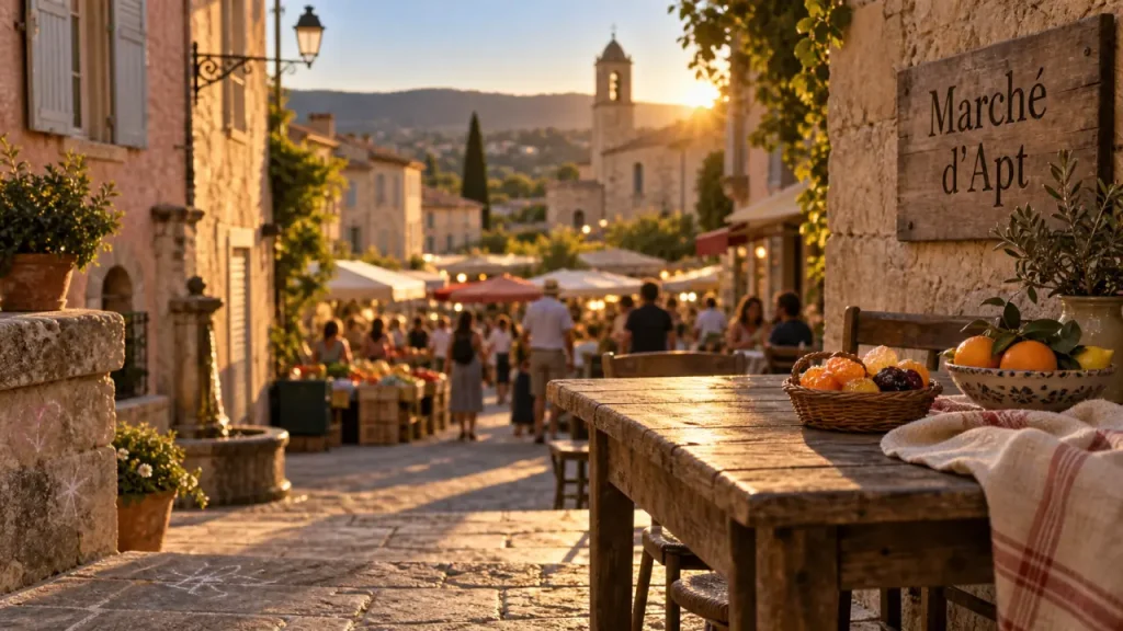 Apt Luberon tourisme : ruelles et marché, vue sur terrasses au coucher du soleil