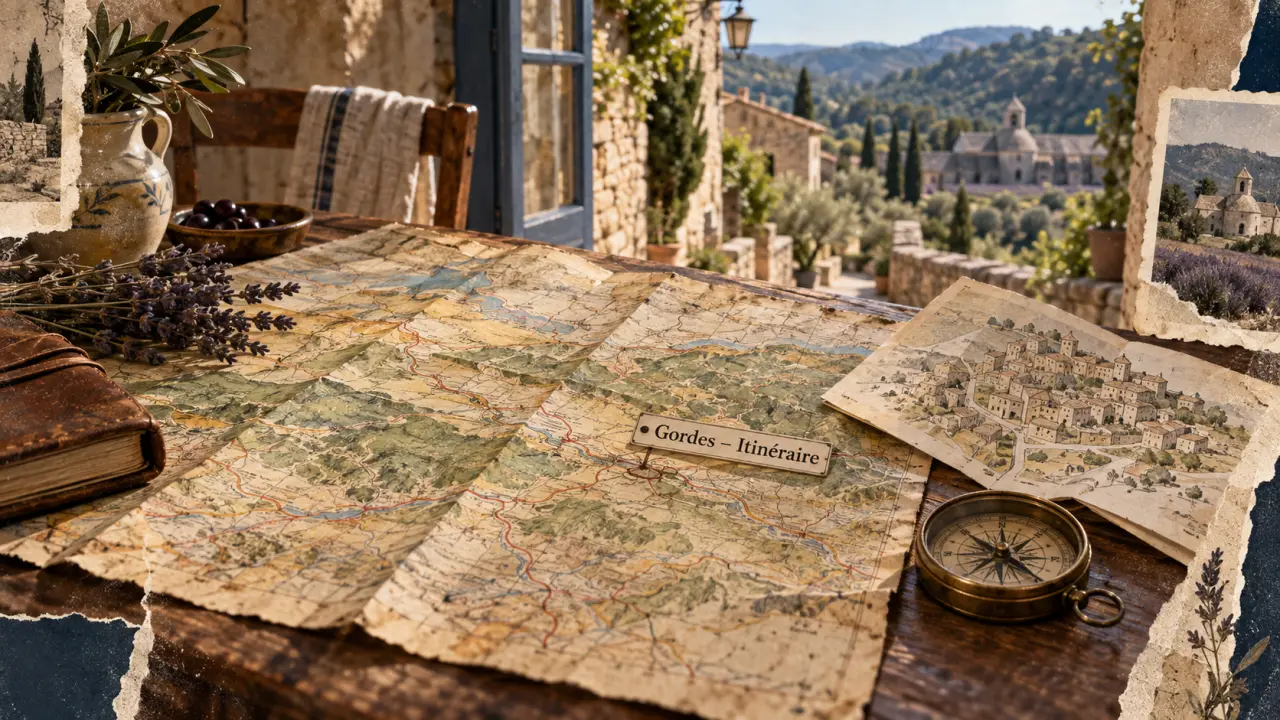 carte gordes luberon sur table, plan de Gordes et boussole, Luberon