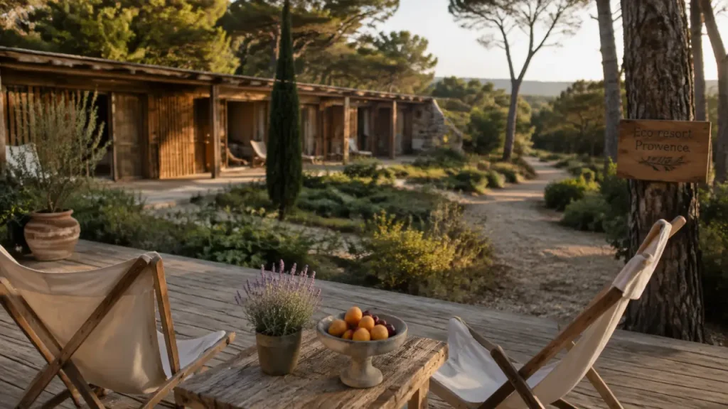 Eco resort provence : terrasse en bois et écolodge en Provence